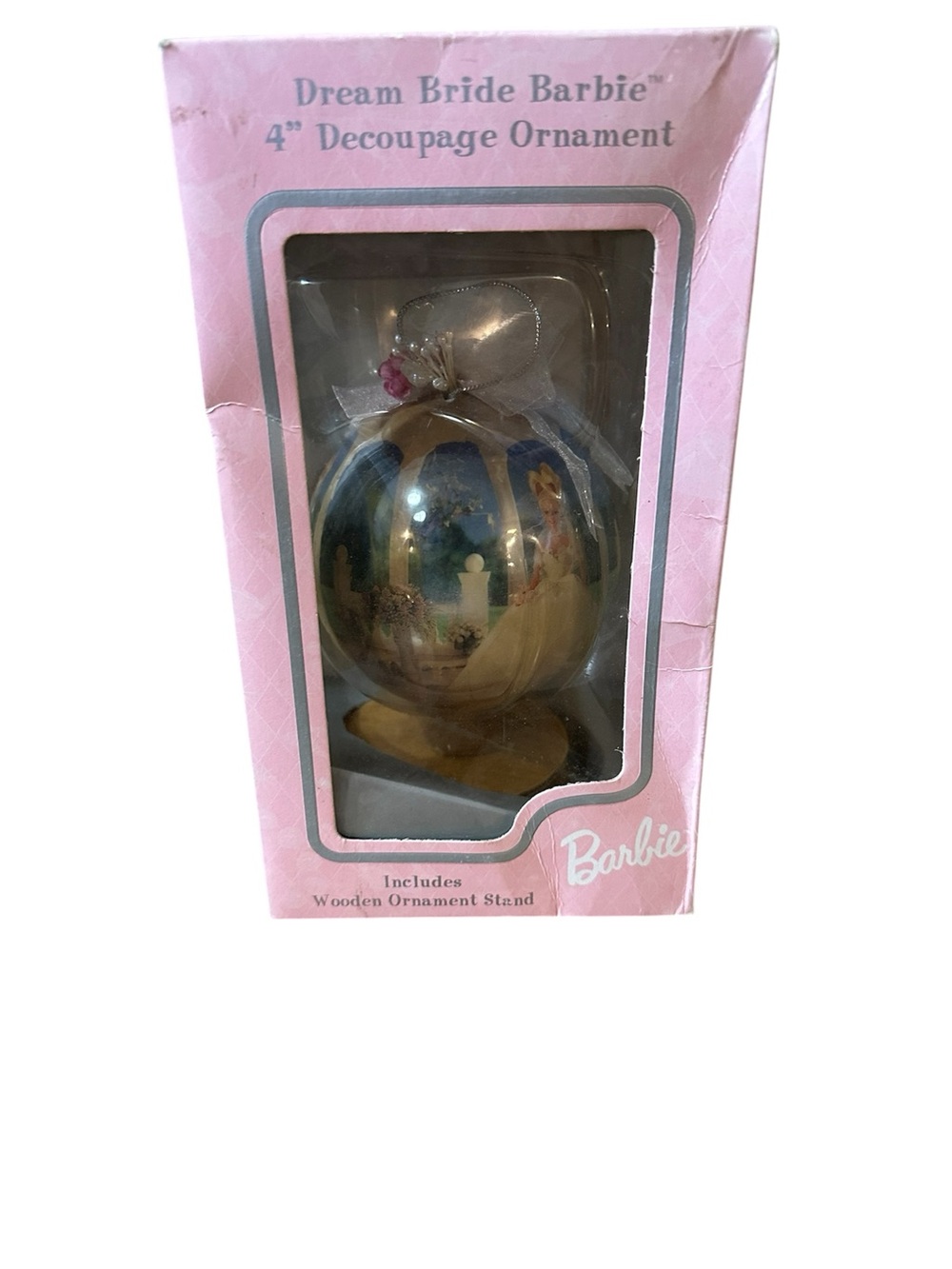 Vintage Barbie Dream Bride Barbie 4” Decoupage Ornament With Wood Stand NEW
